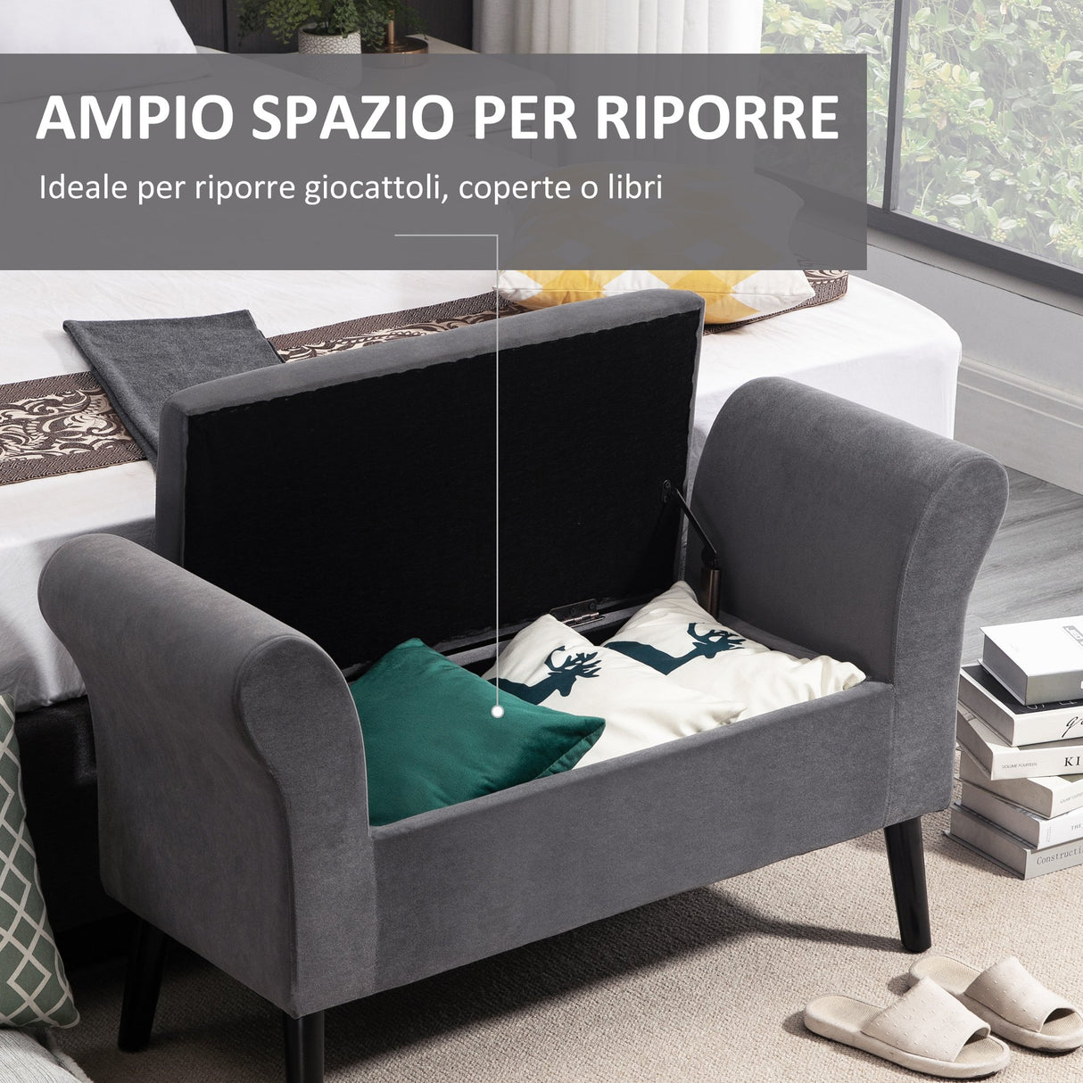 easycomfort easycomfort panca contenitore imbottita per camera in tessuto vellutato con braccioli 111 5x41x65cm grigio