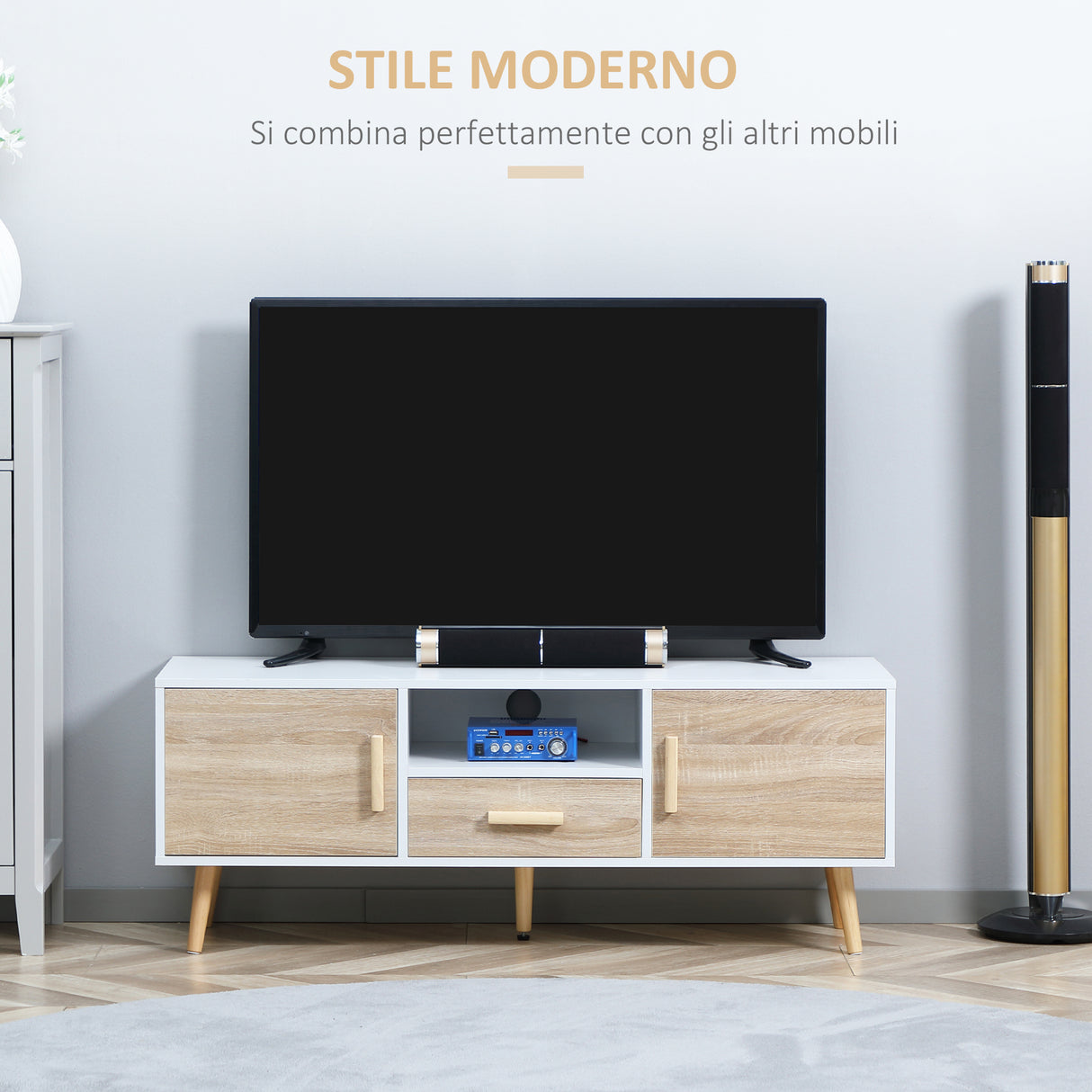 easycomfort easycomfort mobile tv basso per tv max 46 con ripiano aperto cassetto e 2 armadietti in truciolato e pino 140x40x55 3 cm