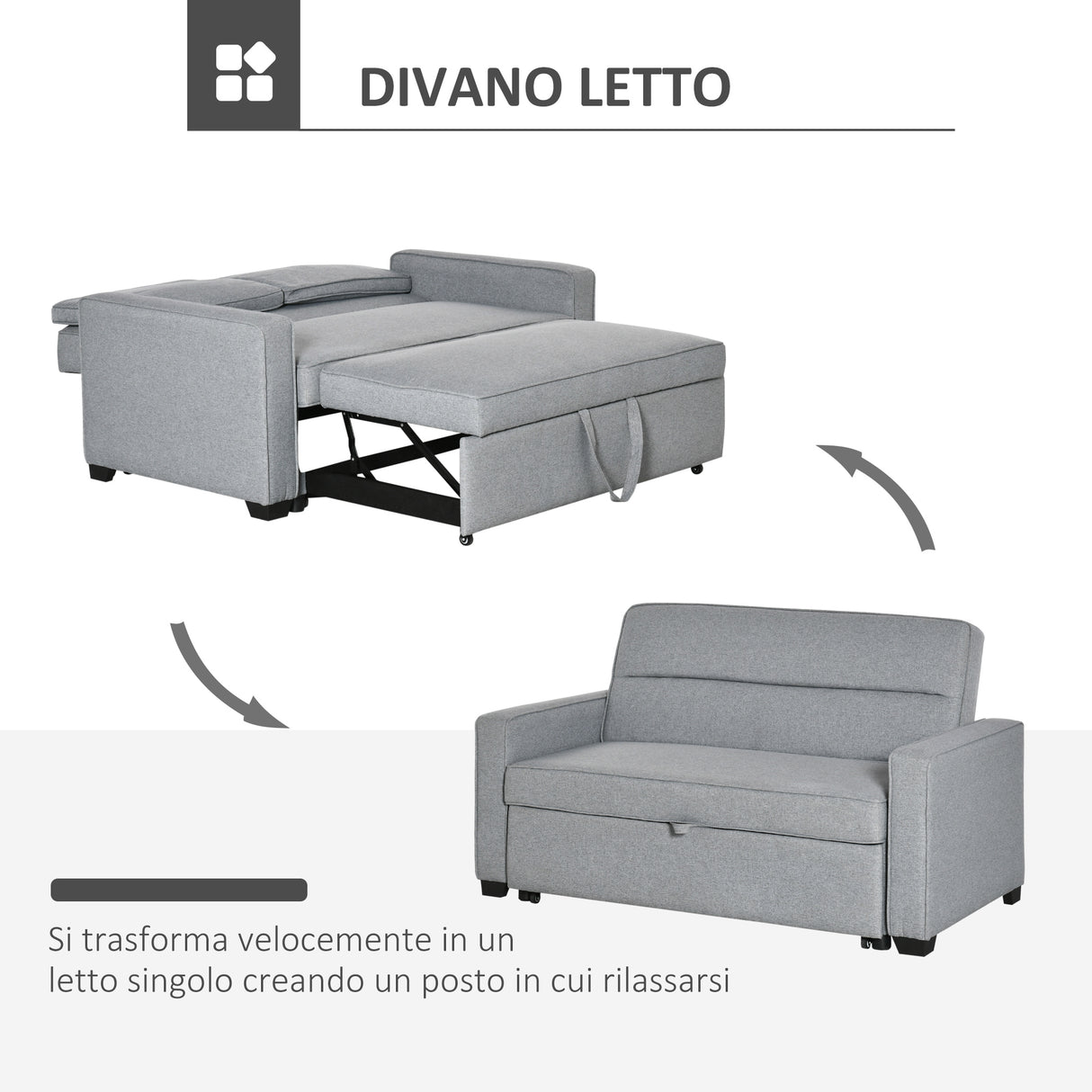easycomfort easycomfort divano letto a 1 piazza in tessuto seduta 2 posti e schienale a 3 reclinazioni 154x87x89cm