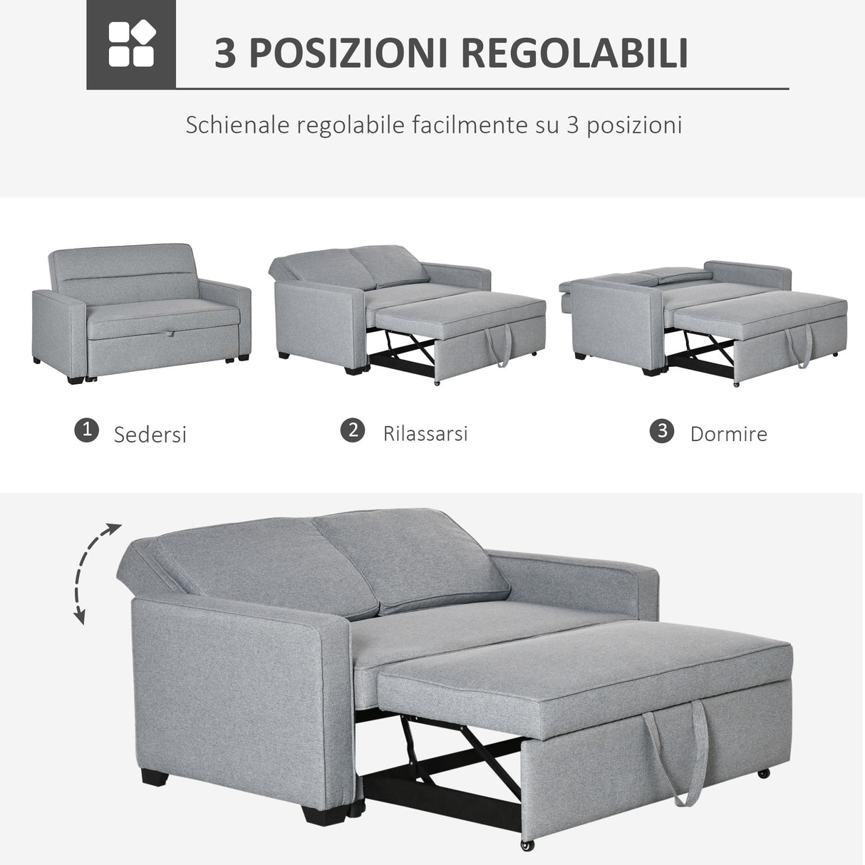 easycomfort easycomfort divano letto a 1 piazza in tessuto seduta 2 posti e schienale a 3 reclinazioni 154x87x89cm