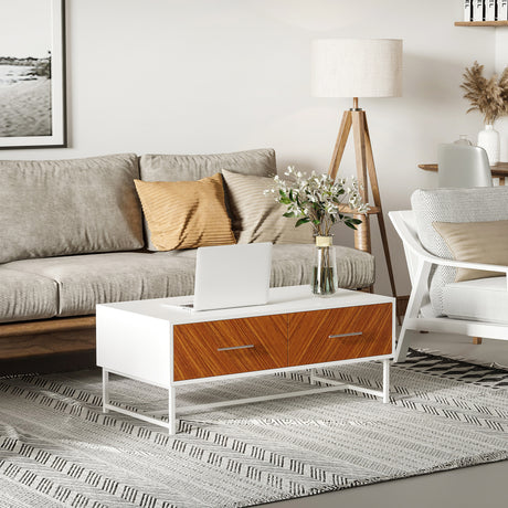 easycomfort easycomfort tavolino da caffe con 2 cassetti e vano aperto in legno e metallo 100x50x40cm bianco e marrone