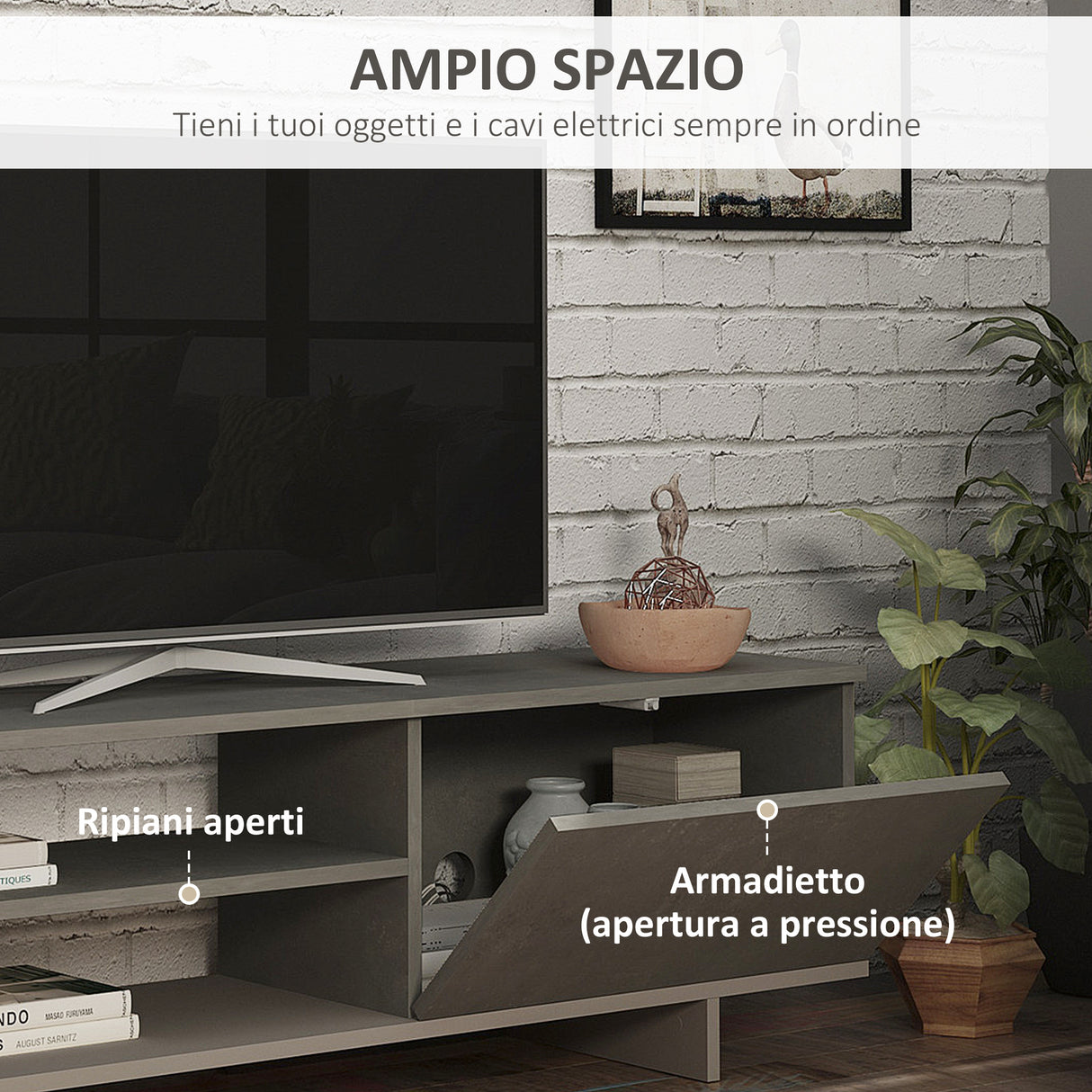 easycomfort easycomfort set mobile porta tv con armadietto e mensola da appendere in legno 160x35 6x44cm grigio