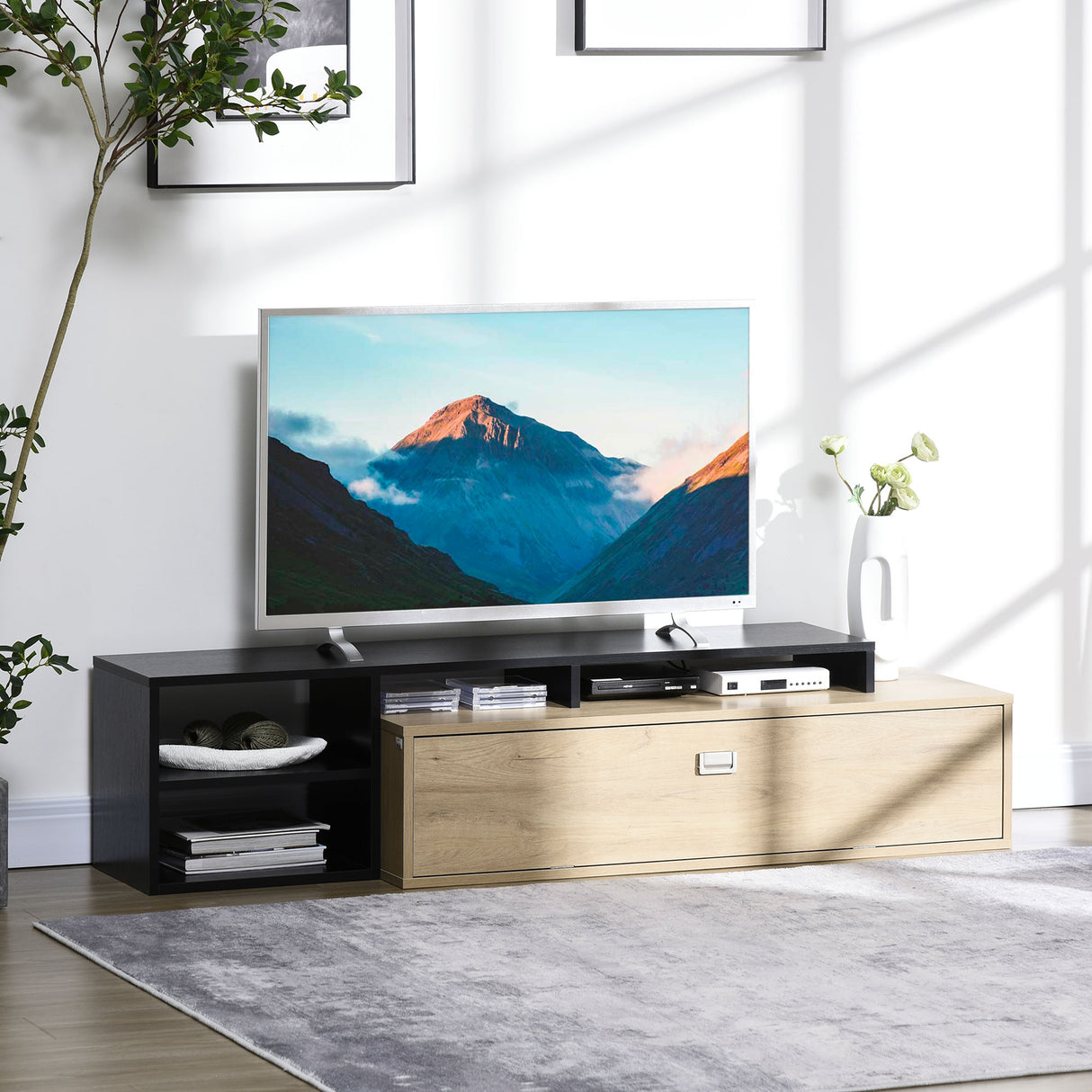 easycomfort easycomfort mobile tv 32 65 con ripiano rimovibile e armadietto con anta ribaltabile in mdf 163x40x38 cm color legno e nero