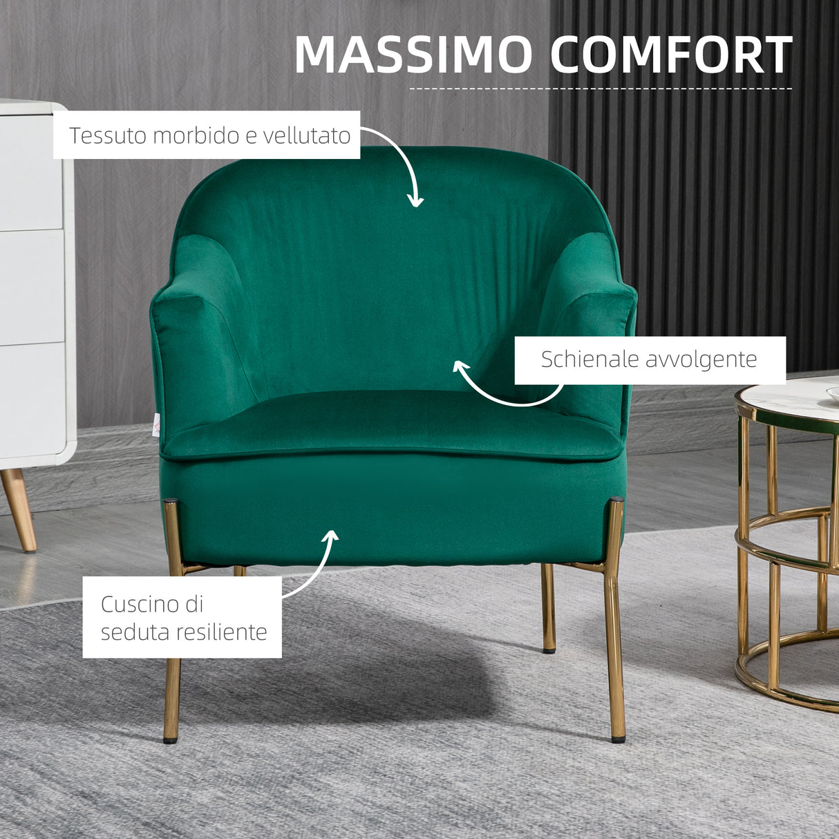 easycomfort easycomfort poltrona da camera da letto in tessuto effetto velluto con gambe in acciaio 62x69x75 cm verde