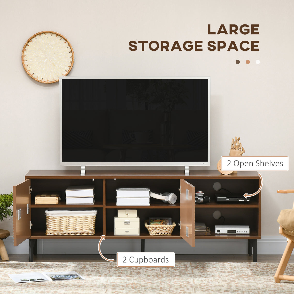 easycomfort easycomfort mobile porta tv fino 65 con 2 armadietti e 2 vani aperti in legno 150x40x56cm marrone