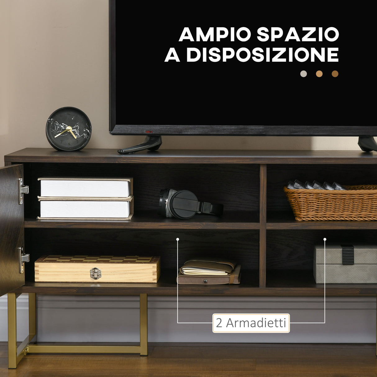 easycomfort easycomfort mobile porta tv fino a 55 con 2 armadietti in legno e metallo 120x39x50 cm marrone e oro
