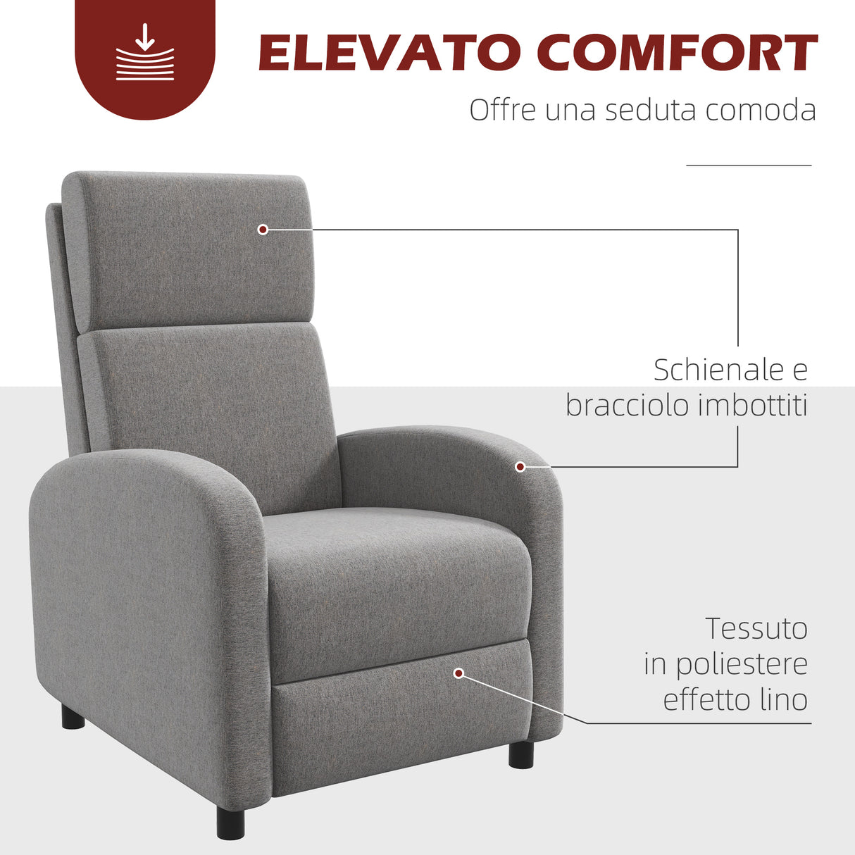 easycomfort easycomfort poltrona reclinabile 160 in tessuto effetto lino con braccioli quadrati 64x86x102 cm grigia