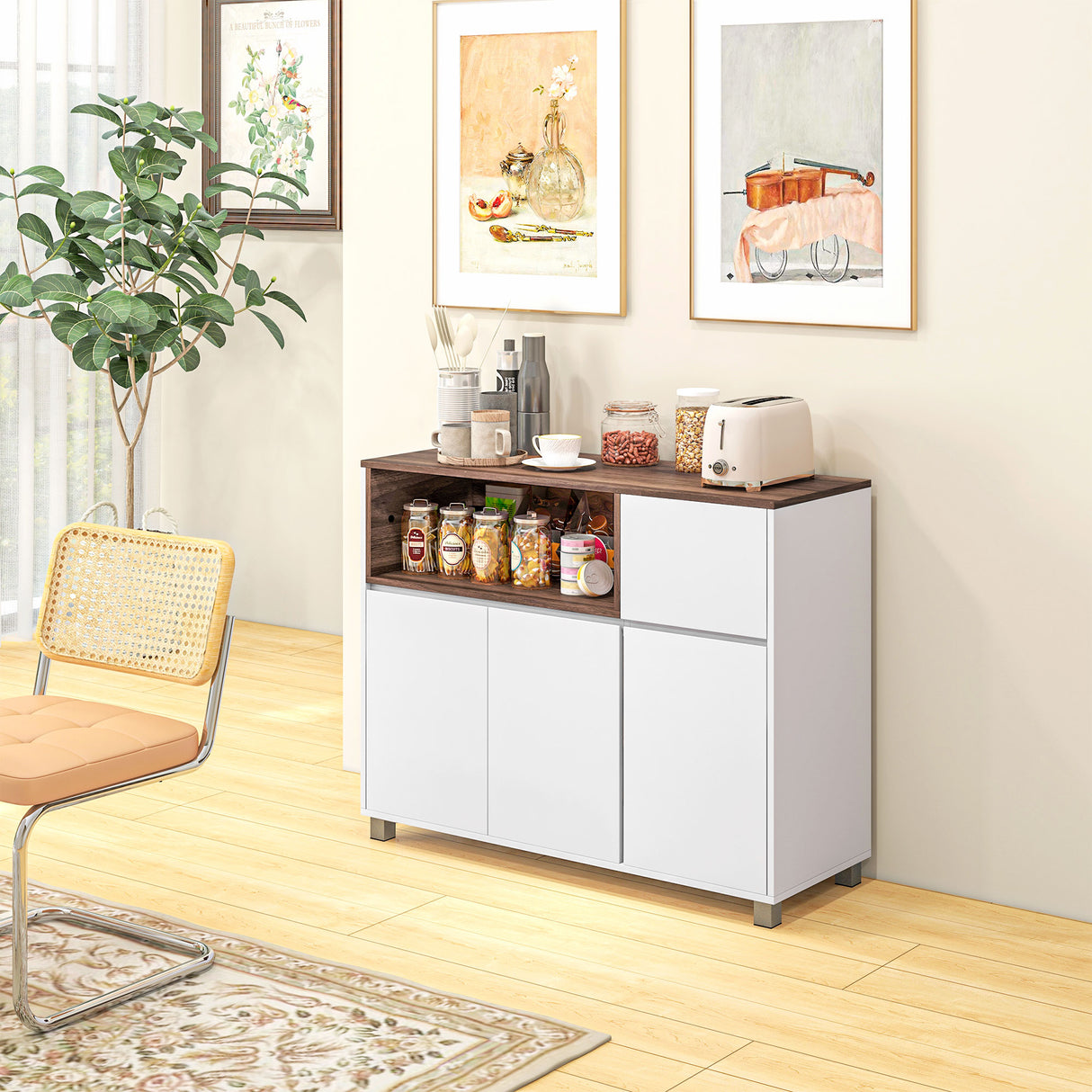 easycomfort easycomfort credenza moderna da cucina in legno con armadietti cassetto e vano aperto 105x39x83cm bianco