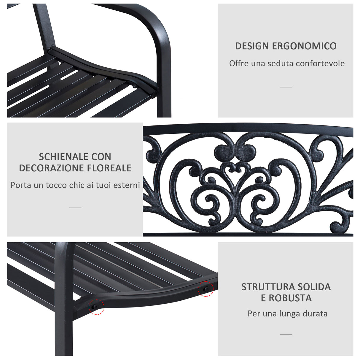 easycomfort panchina da giardino in metallo con schienale decorato 127x60x87cm nero 33185