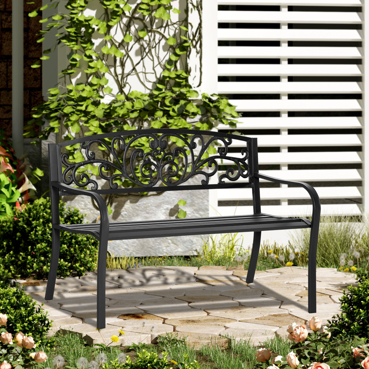 easycomfort panchina da giardino in metallo con schienale decorato 127x60x87cm nero 33185