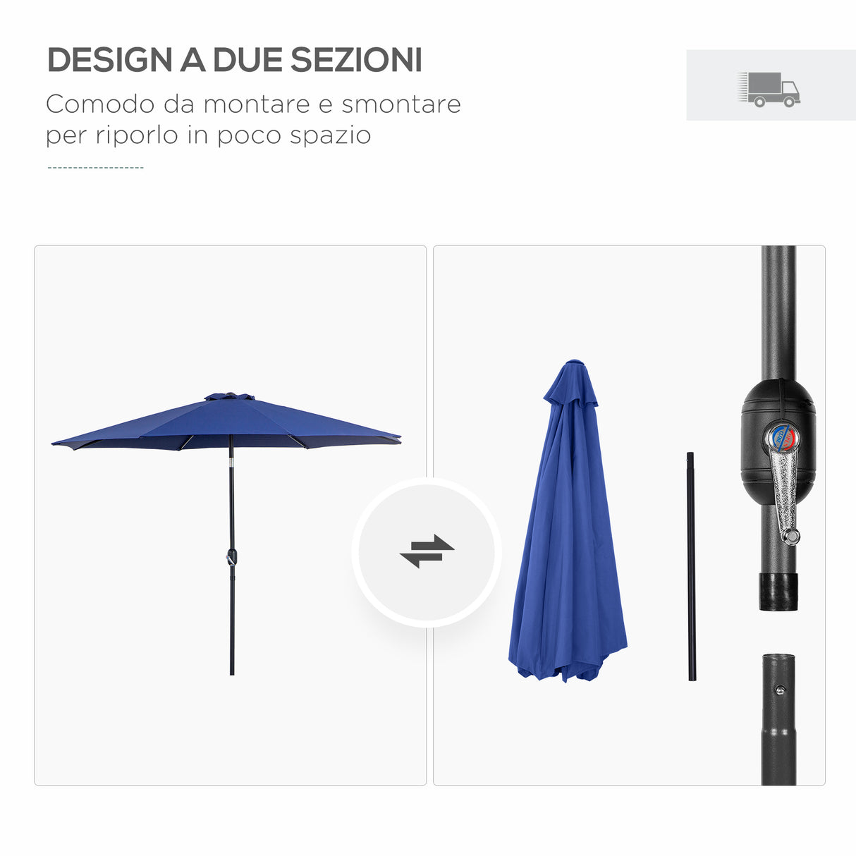 easycomfort easycomfort ombrellone da giardino 3x2 5 inclinabile con manovella e palo smontabile in metallo e poliestere blu