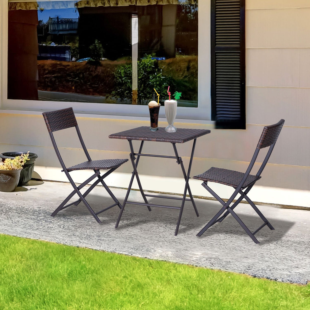 easycomfort easycomfort mobili da giardino in rattan set 1 tavolino e 2 sedie da giardino pieghevoli 3pz marrone