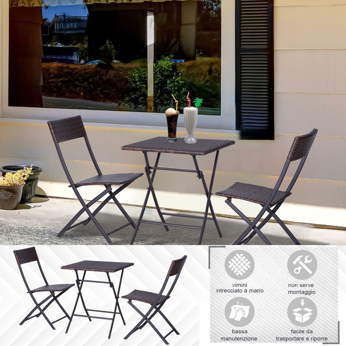 easycomfort easycomfort mobili da giardino in rattan set 1 tavolino e 2 sedie da giardino pieghevoli 3pz marrone