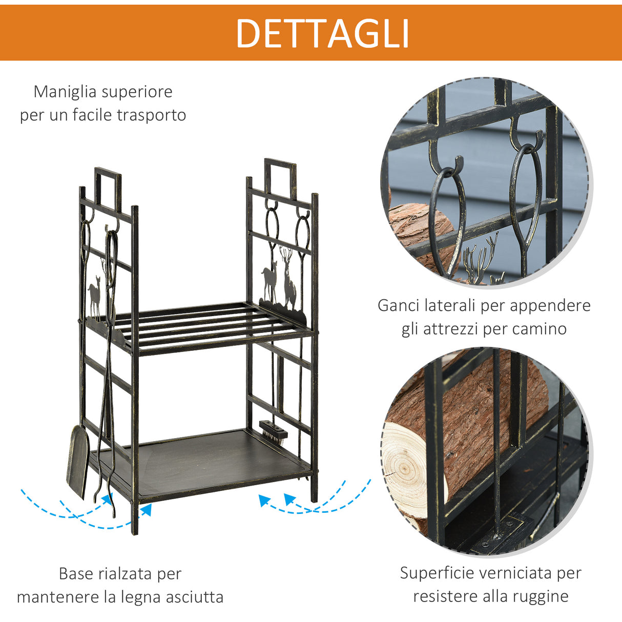 easycomfort portalegna in ferro battuto con attrezzi per camino e manici base porta legna rialzata e decori 51.5x33x77cm nero