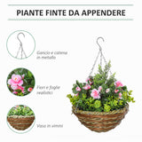 easycomfort set di 2 piante finte lisianthus da appendere per interno ed esterno con vaso in vimini e catenelle 25x34cm rosa e verde