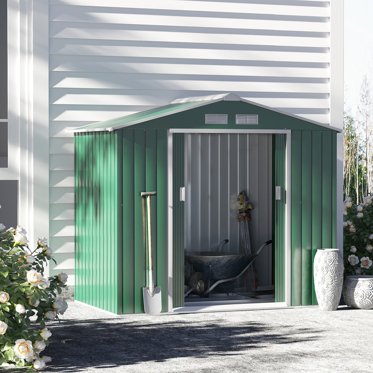 easycomfort easycomfort casetta da giardino porta utensili in lamiera con porte scorrevoli 213x130x185cm verde
