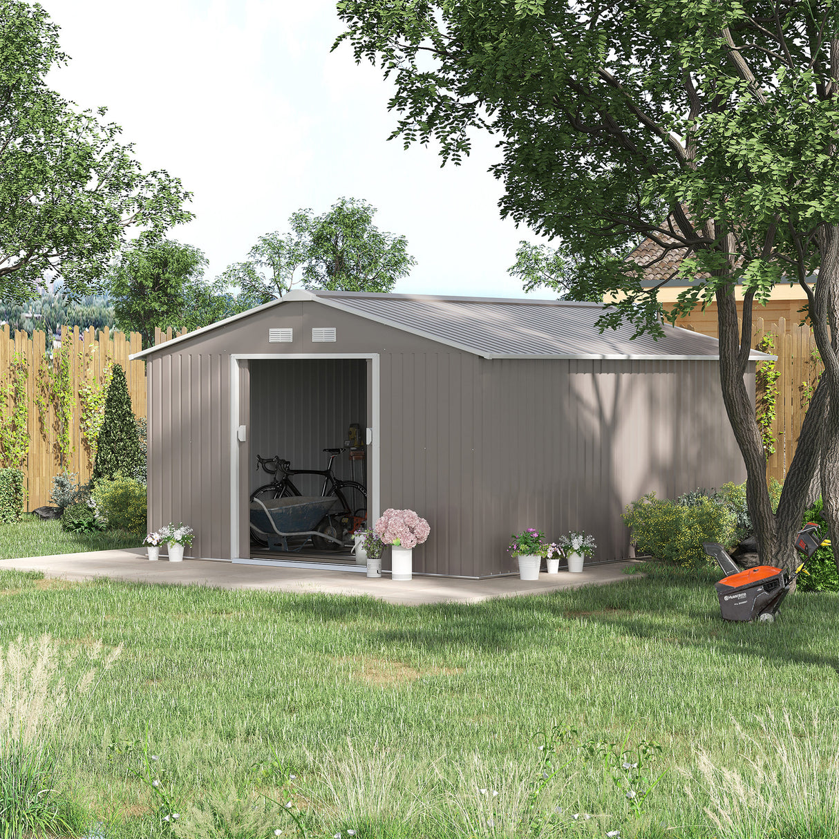 easycomfort easycomfort casetta da giardino con porte scorrevoli e tetto inclinato in acciaio e pp 340x386x200 cm grigio