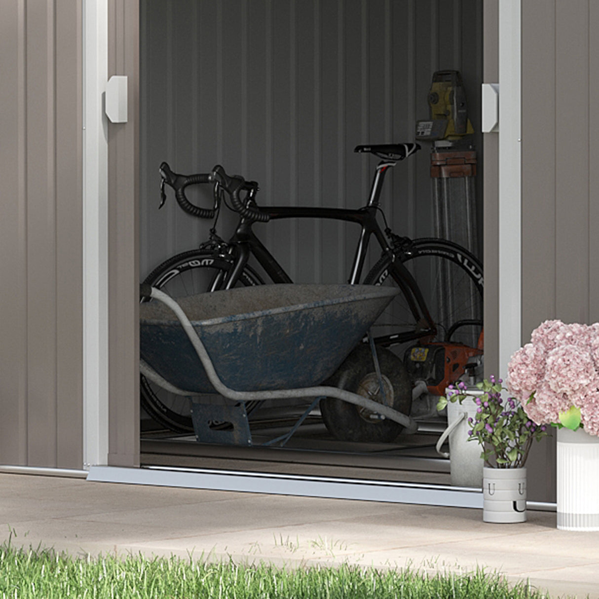 easycomfort easycomfort casetta da giardino con porte scorrevoli e tetto inclinato in acciaio e pp 340x386x200 cm grigio