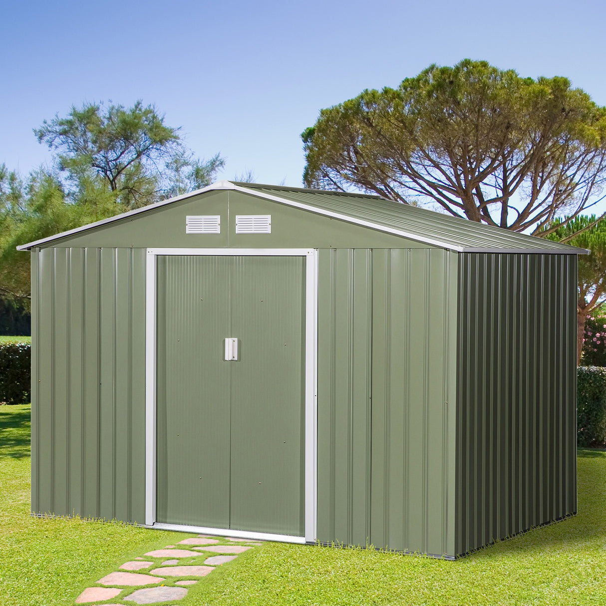 easycomfort casetta da giardino con 2 porte scorrevoli e 4 prese d aria in acciaio e pp 277x195x192cm verde chiaro