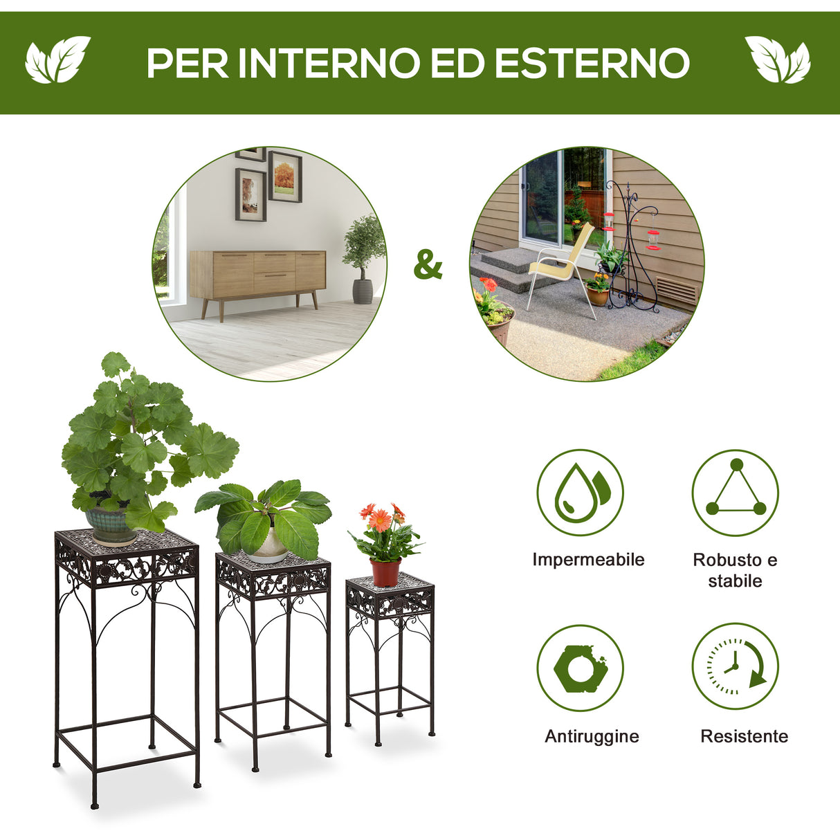 easycomfort easycomfort set 3 pezzi piedistallo porta piante in ferro battuto marrone