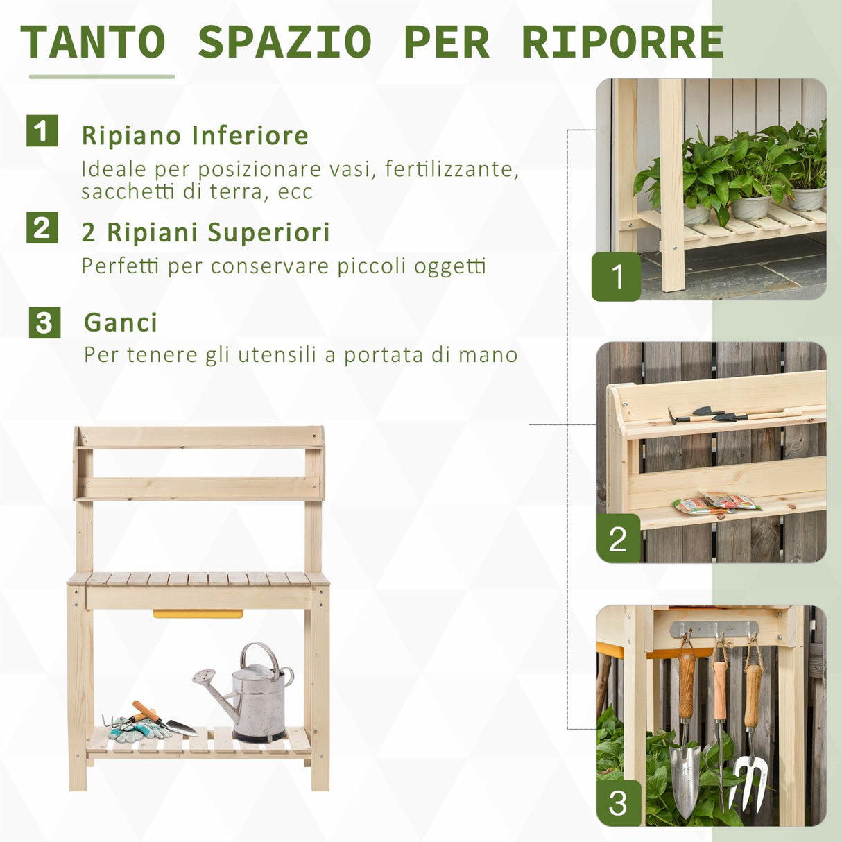 easycomfort banco da lavoro per giardinaggio in legno naturale con vaschetta integrata mensole e ganci 100x40x140cm