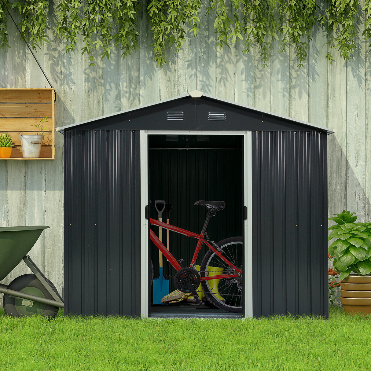 easycomfort capanno porta attrezzi 2 porte scorrevoli griglie ventilazione acciaio