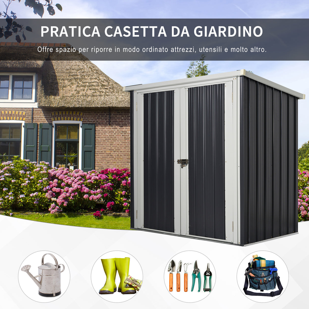 easycomfort casetta da giardino in lamiera di acciaio con doppia porta 147x86x134cm nero e bianco