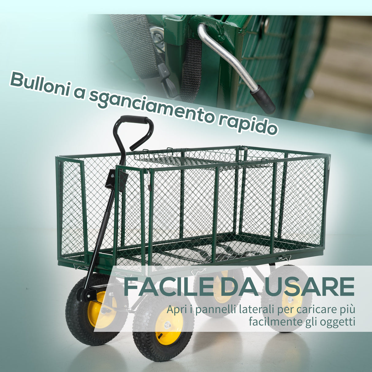 easycomfort carrello da giardino in acciaio con pareti laterali ribaltabili e 4 ruote capienza 342l verde
