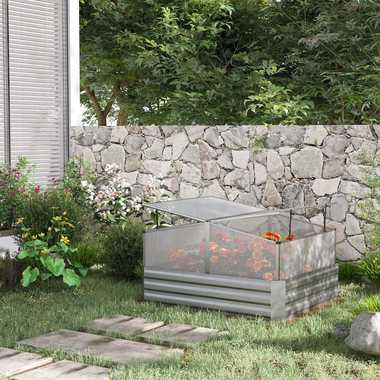 easycomfort fioriera in metallo rialzata con copertura in pc per uso esterno in giardino e balcone 126x107x57.5 67.5 cm