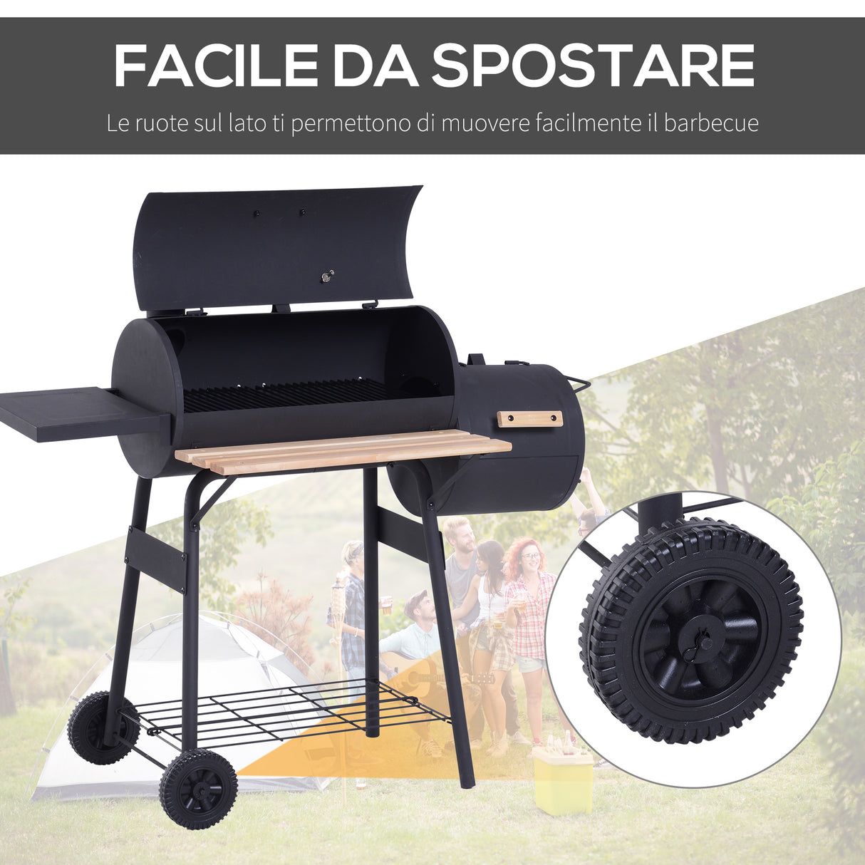 easycomfort easycomfort barbecue a carbone con coperchio e affumicatore bbq da giardino con ripiani e ruote 124x53x104 cm nero