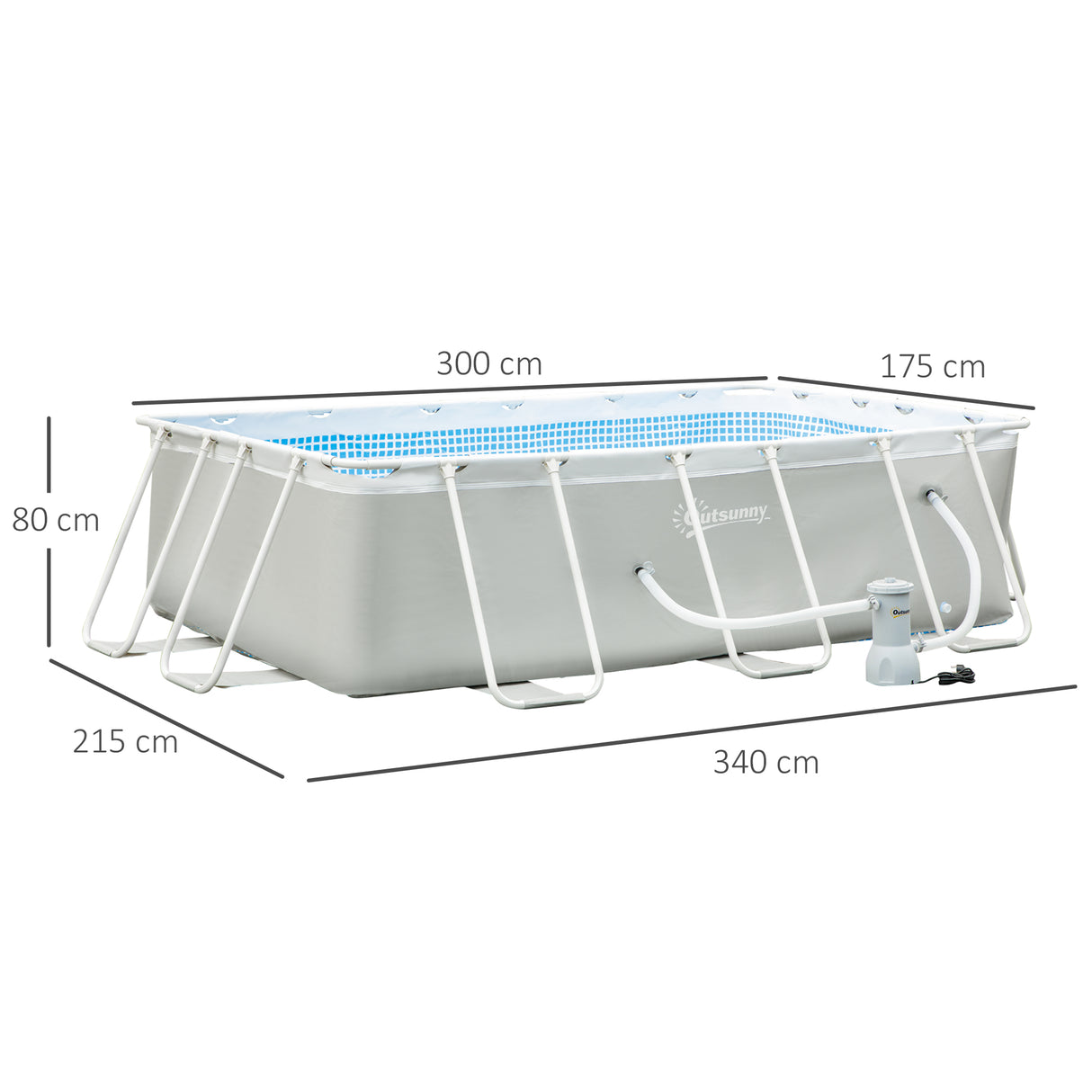 easycomfort piscina fuori terra da giardino rettangolare con pompa di filtraggio e telaio in acciaio 340x215x80cm grigia