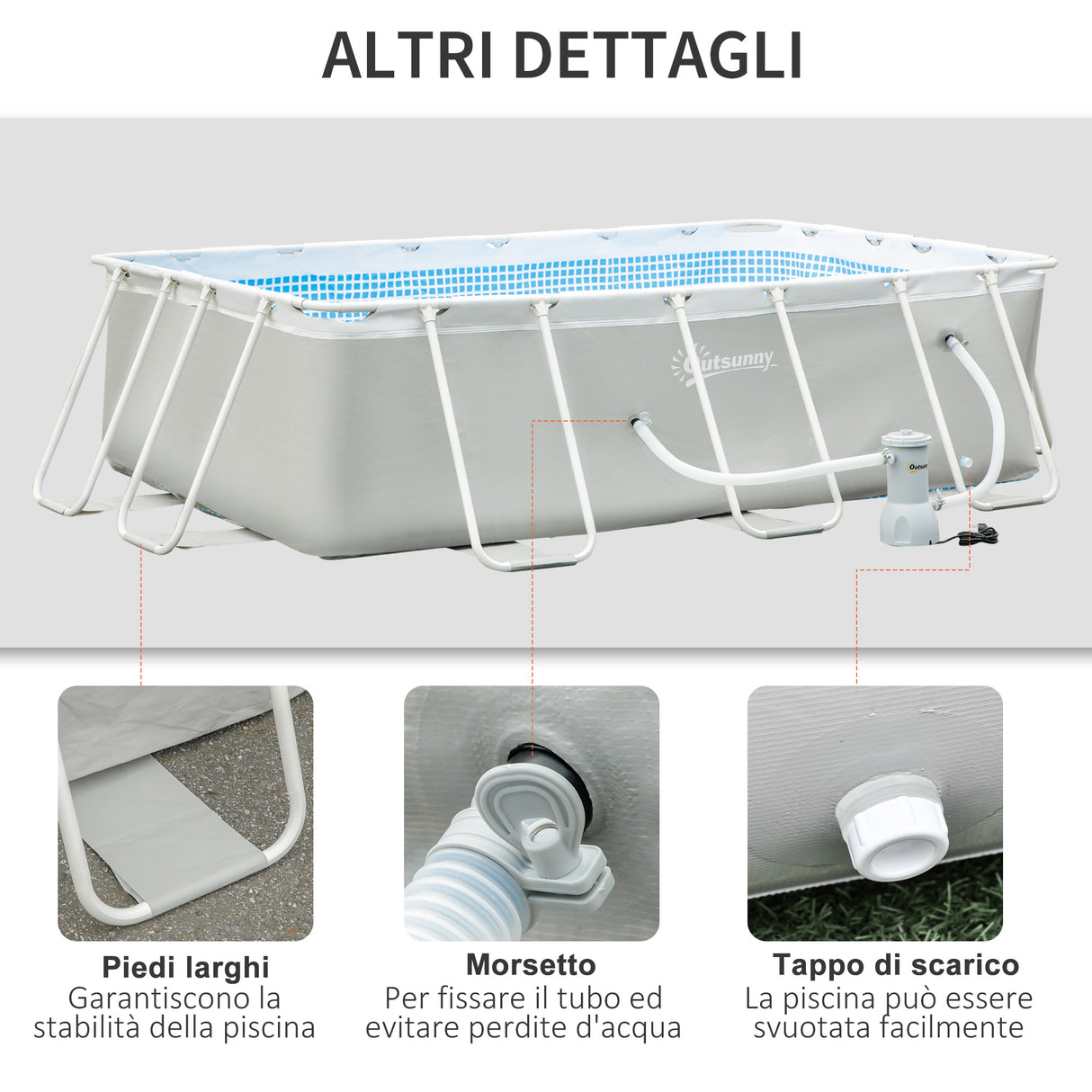 easycomfort piscina fuori terra da giardino rettangolare con pompa di filtraggio e telaio in acciaio 340x215x80cm grigia