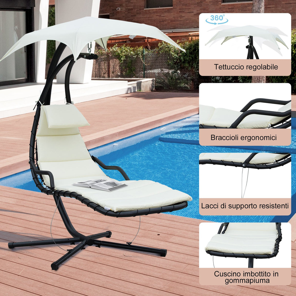 easycomfort easycomfort sdraio da giardino a dondolo relax chaise longue di lusso con tettuccio crema