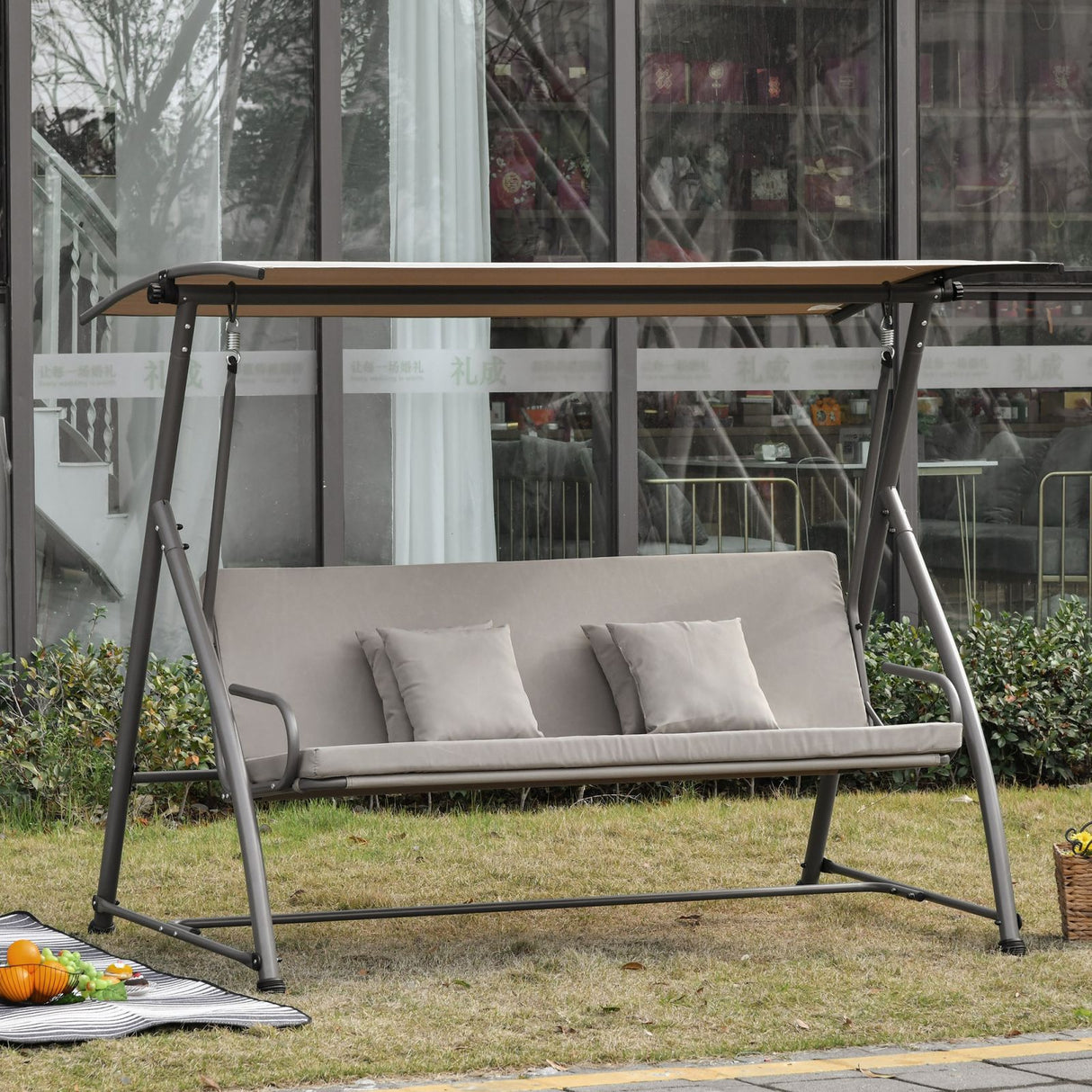 easycomfort dondolo da giardino 3 posti con tettuccio in acciaio e poliestere beige