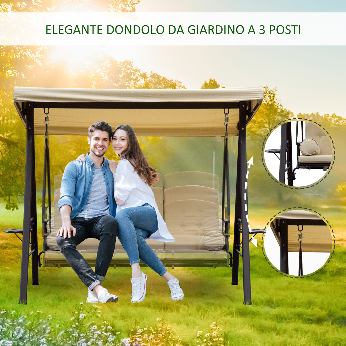easycomfort dondolo da giardino 3 posti con tetto inclinabile e cuscini imbottiti