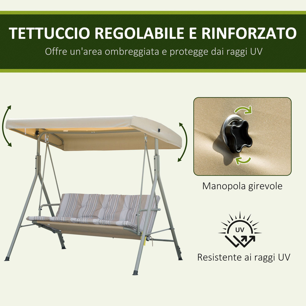 easycomfort easycomfort dondolo da giardino 3 posti in acciaio con tetto regolabile cuscini e braccioli 172x110x156cm