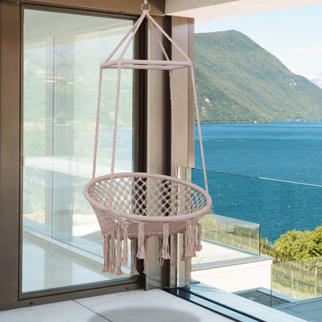 easycomfort easycomfort amaca sedia sospesa ad altalena in legno e corda di cotone beige 80 x 140 cm