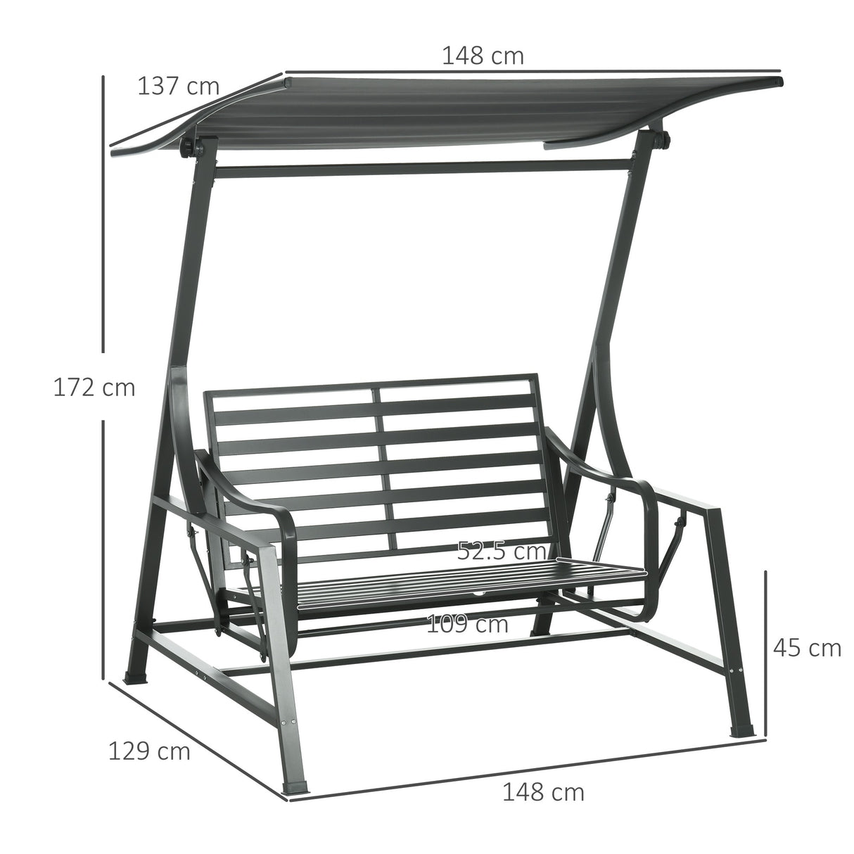 easycomfort dondolo da giardino 2 posti in acciaio con tettuccio inclinabile e cuscini 148x129x172 cm