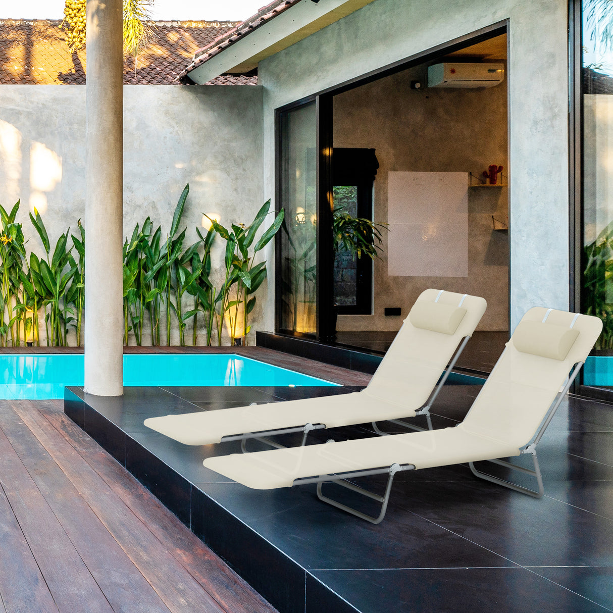 easycomfort set 2 lettini prendisole pieghevoli con schienale reclinabile a 4 livelli metallo e tessuto a rete beige