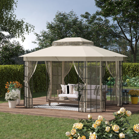 easycomfort gazebo da giardino con zanzariera tetto a 2 livelli e struttura in metallo 3.7x3m beige