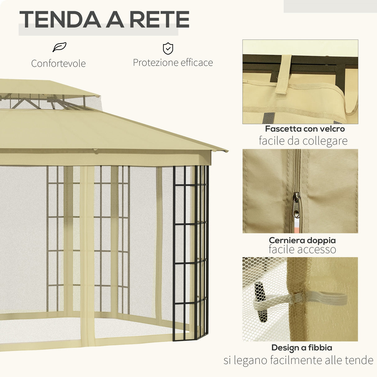 easycomfort gazebo da giardino con zanzariera tetto a 2 livelli e struttura in metallo 3.7x3m beige