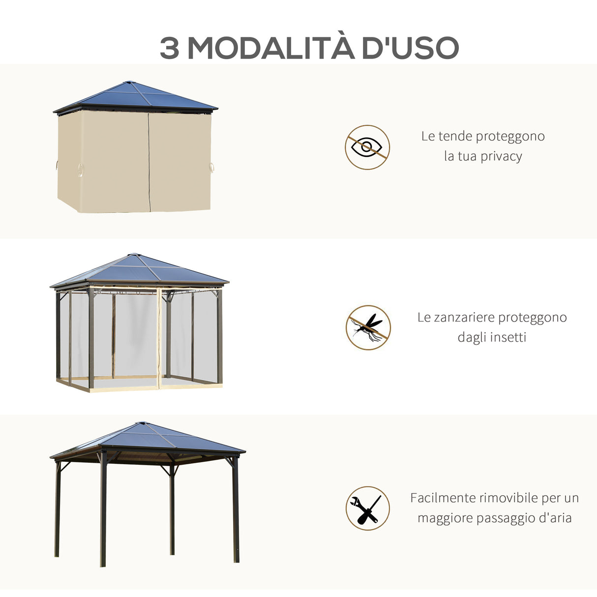 easycomfort gazebo da giardino 3x3m con tetto in policarbonato e zanzariere caffe e khaki