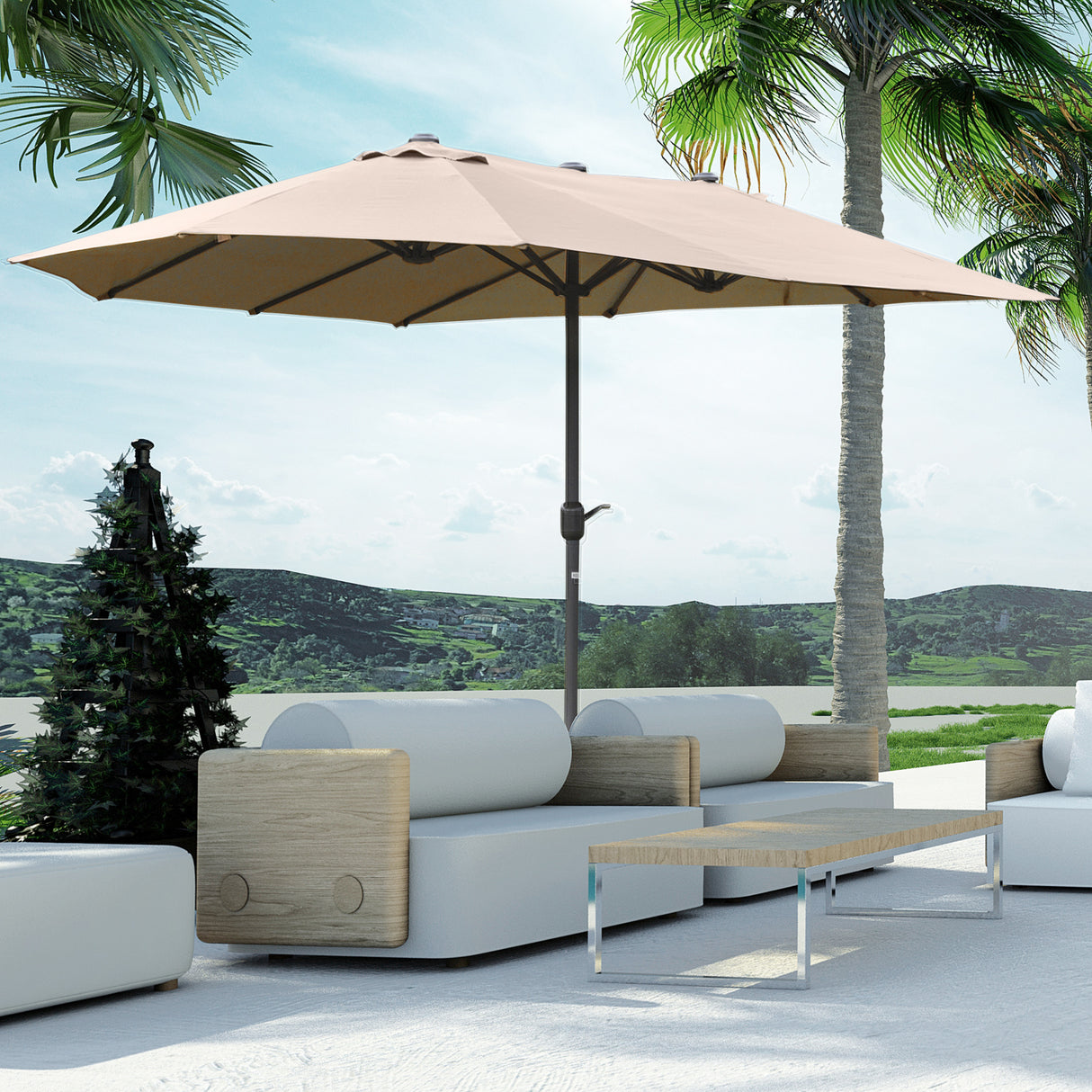easycomfort ombrellone da giardino doppio 460x270cm apertura a manovella base a croce e zavorra acciaio e poliestere khaki