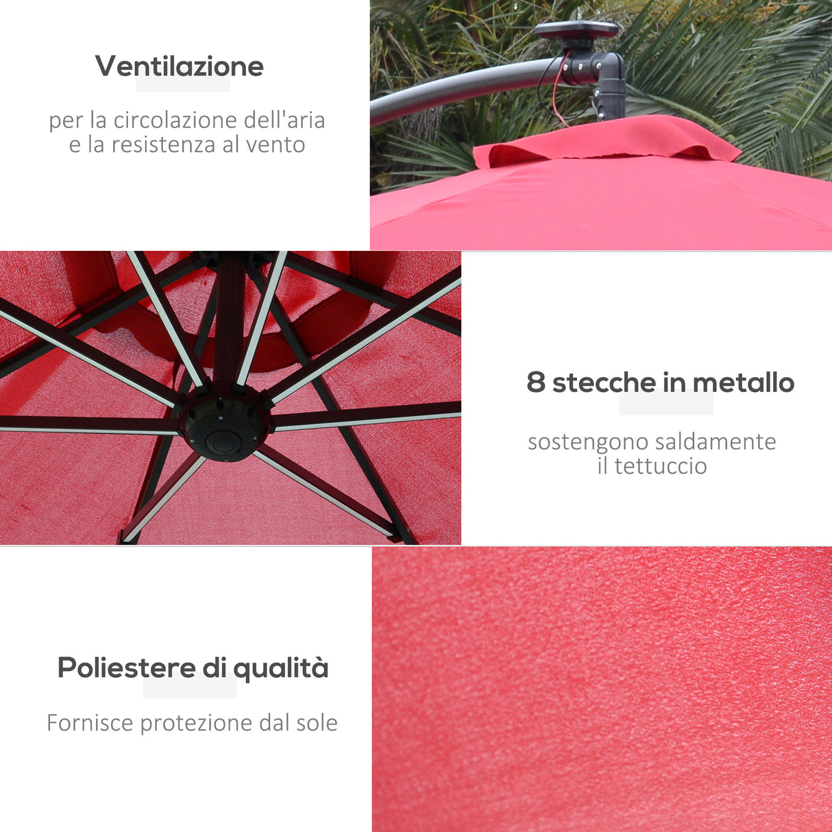easycomfort easycomfort ombrellone da giardino a braccio 3x2 4 m con manovella e 8 strisce led a energia solare rosso scuro