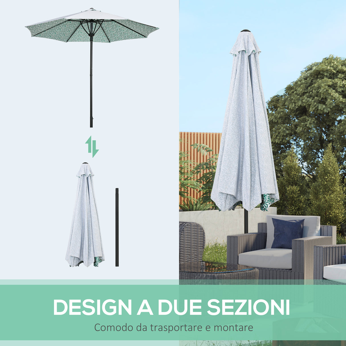 easycomfort ombrellone da giardino 3x2.5 m in metallo a 2 sezioni con 8 stecche e copertura in poliestere