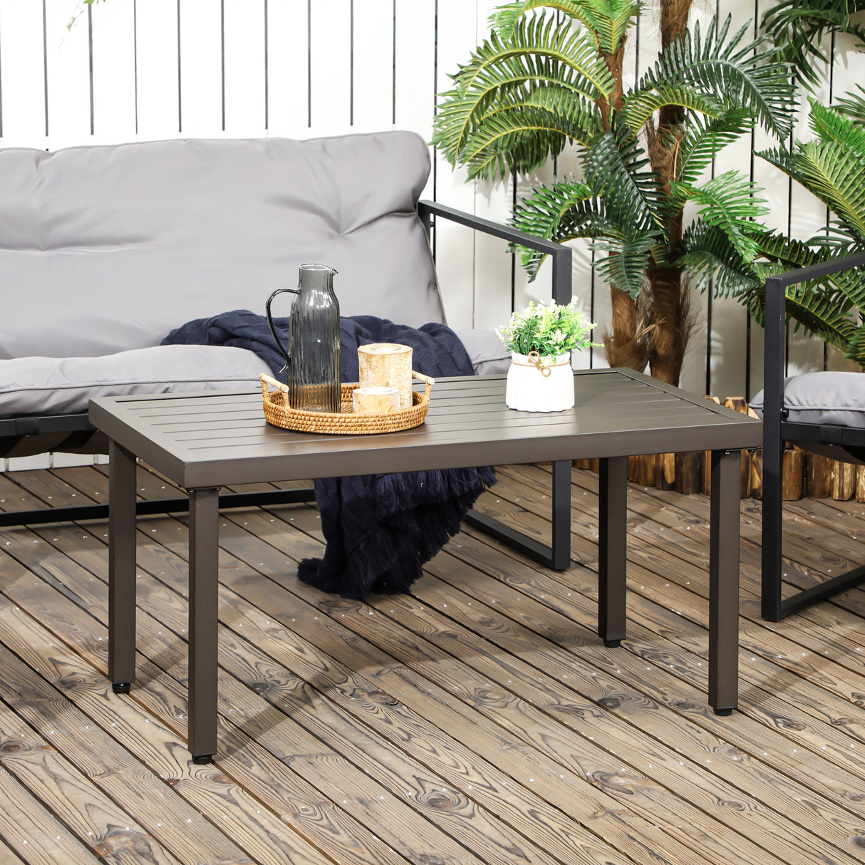 easycomfort tavolino da caffe in acciaio con piedini regolabili e piano a doghe 91x51x46 cm marrone
