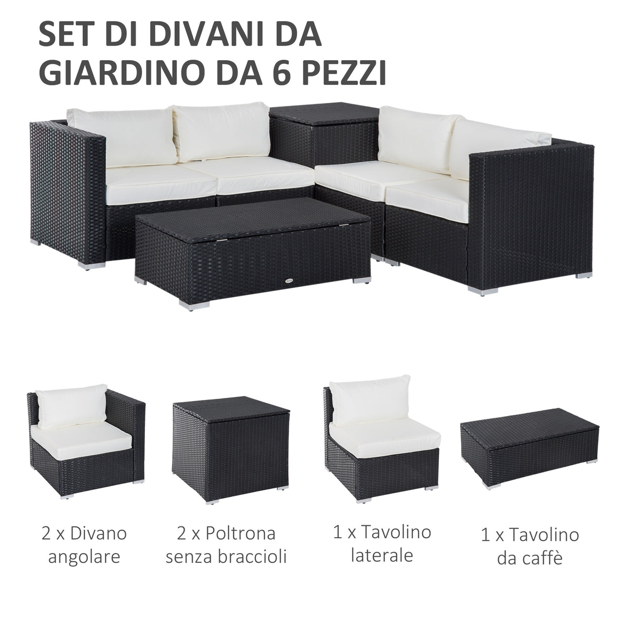 easycomfort set da giardino 6 pezzi 4 poltrone con cuscini e 2 tavolini contenitore in rattan pe nero e crema