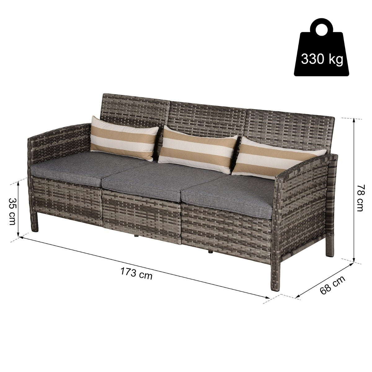 easycomfort easycomfort divano 3 posti da esterni in pe rattan con cuscini a righe grigio 173x68x78cm