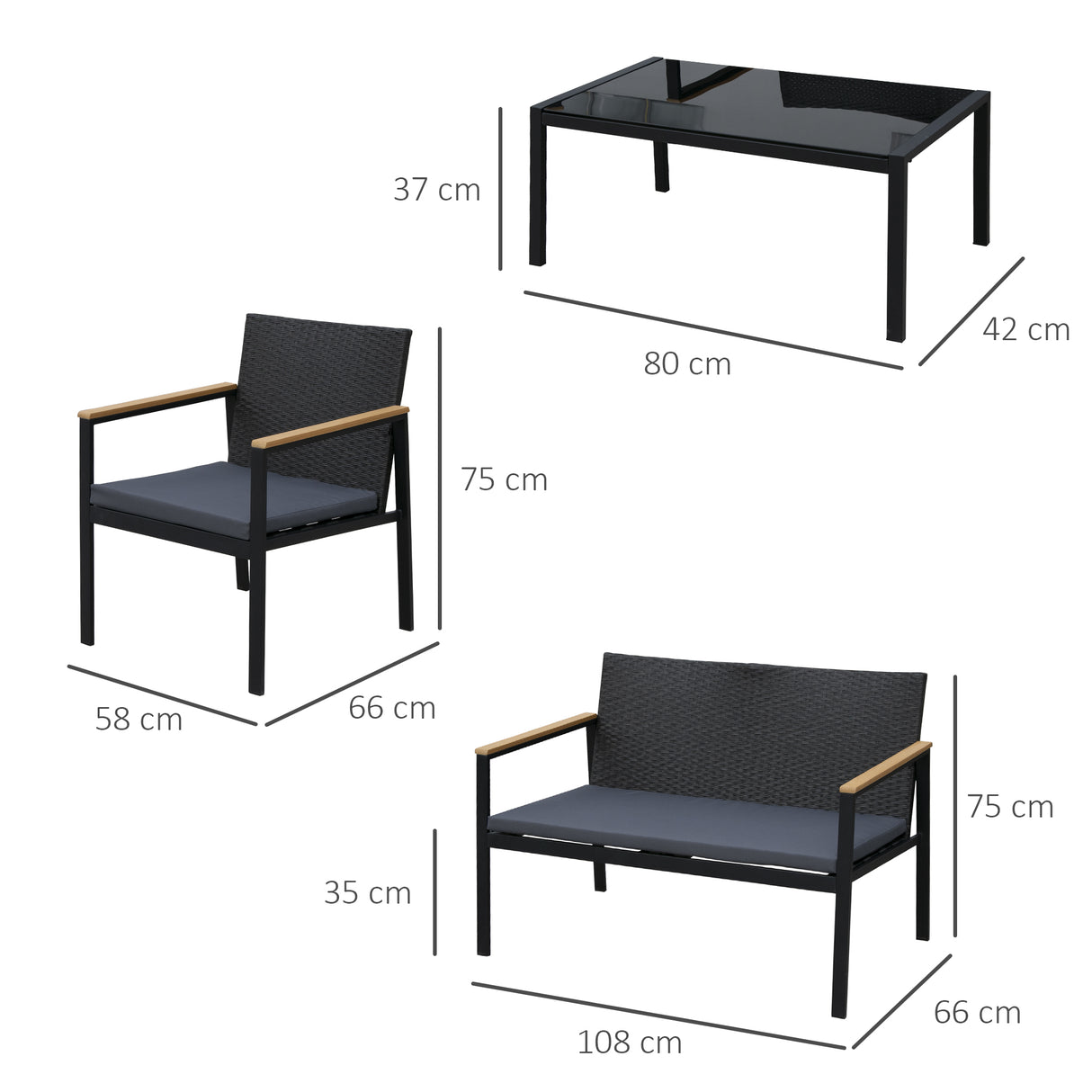 easycomfort easycomfort set 4 pezzi salotto da esterni con 2 sedie divano e tavolino mobili da giardino in rattan e acciaio nero
