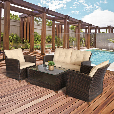 easycomfort set mobili da giardino 4 pezzi in rattan pe tavolino divano e poltrone marrone con cuscini beige